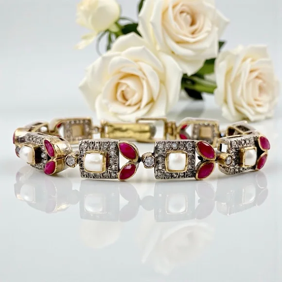Vintage Mughal Revival Bracelet, Natural Ruby Pearl Diamond Gold Vermeil, Indian - Picture 10 of 11